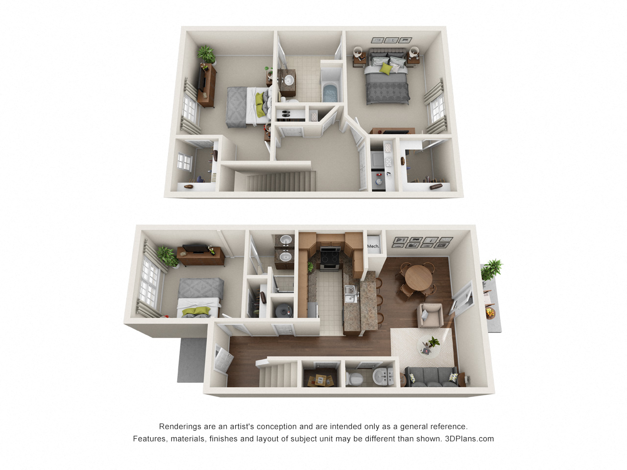Floor plan for 3 beds, 2.5 baths, 1400 sqft